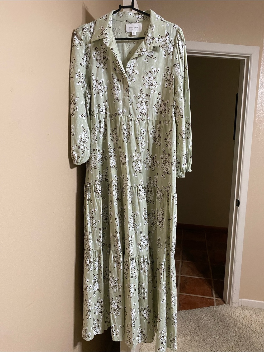 Pomander Place Sage Green Floral Button-Front Tiered Maxi Dress w/pockets
